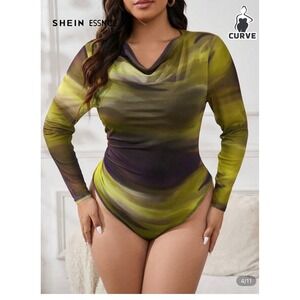 SHEIN Essnce Plus Size 2XL (16)  Yellow Ombré Mesh Cowl Neck Semi Shear Bodysuit